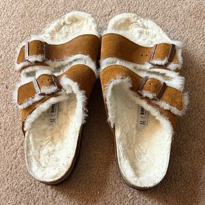 Birkenstock Brown and Cream Fuzzy Sandals